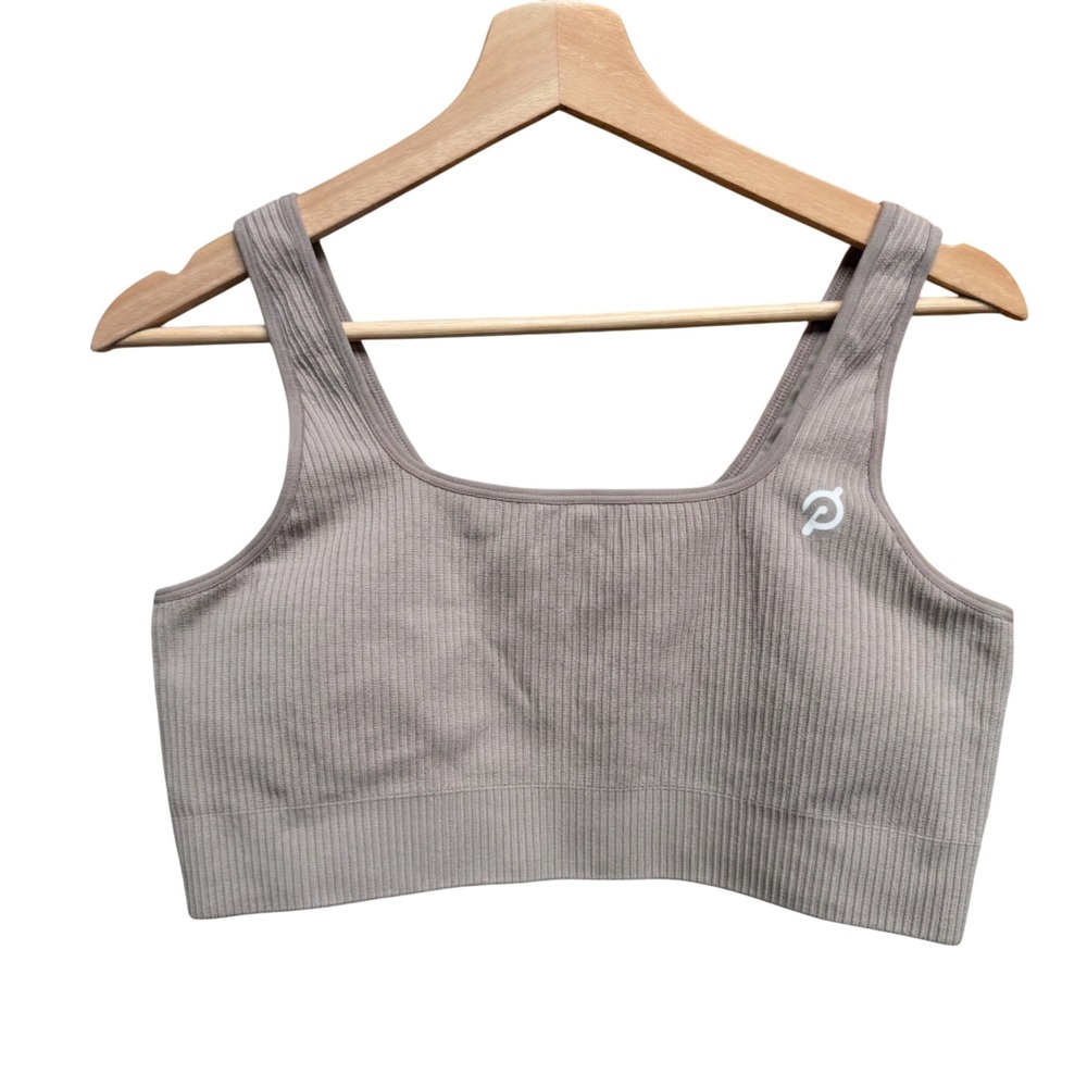 Peloton Womens XL/XXL Ribbed Square Neck Logo Sports Bra Nude Neutral Earthy Tan